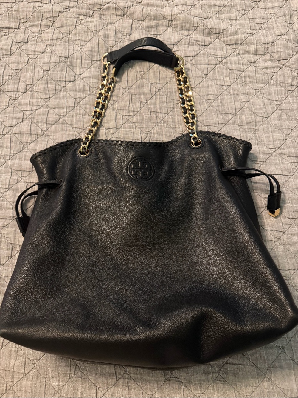 Tory Burch Marion Black Leather Chain-Handle Slouch Tote with Gold Hardware